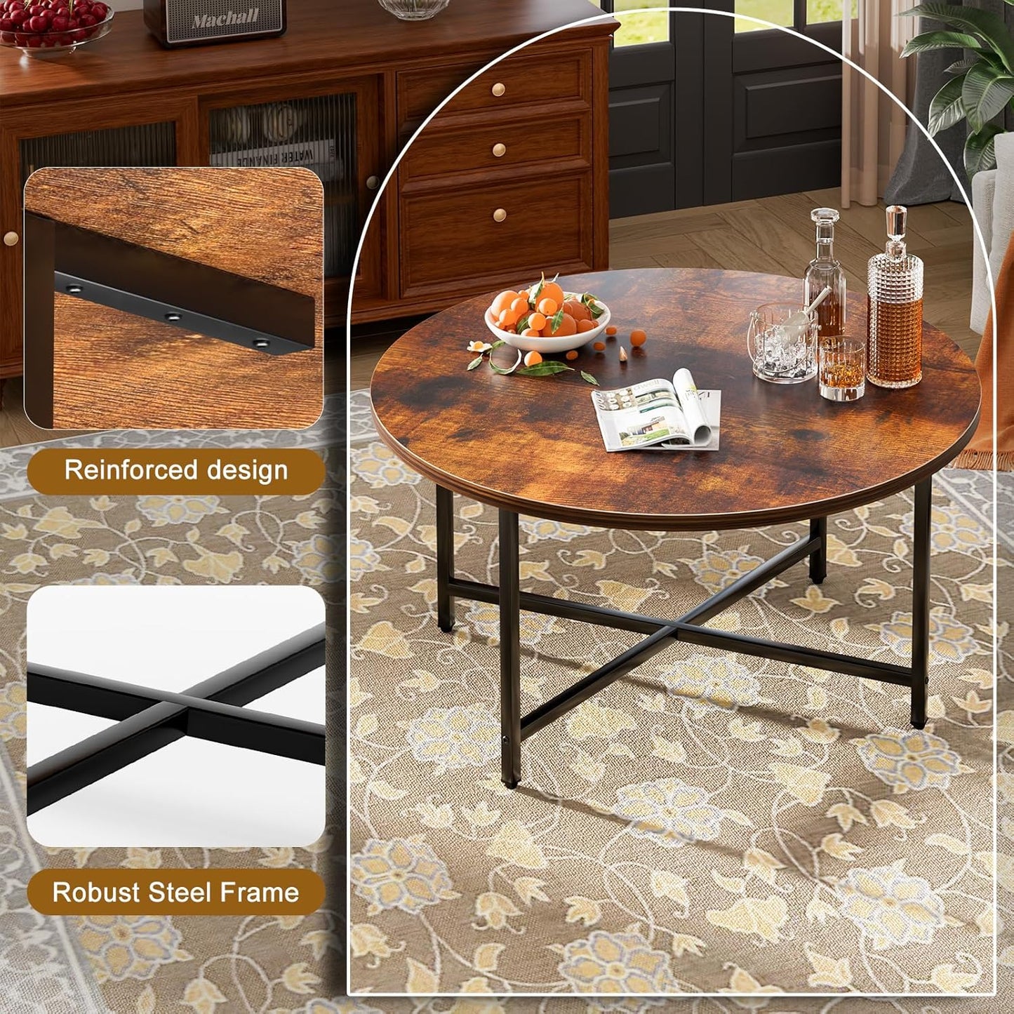 Round Coffee Table, 31.5" Circle Coffee Table，Modern Round Coffee Tables Living Room, Large Coffee Table Round for Indoor & Outdoor Use, Office, Patio or Garden, Rustic Brown (31.5" D*17.7" H)