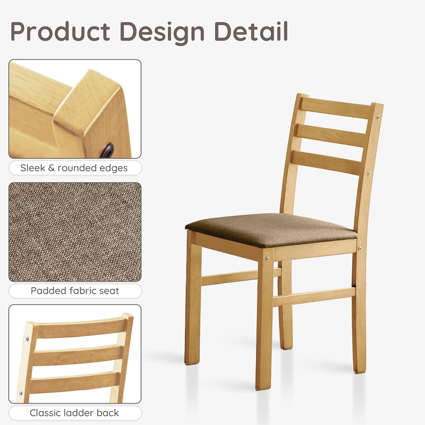 Livinia Seattle Modern Farmhouse Kitchen Dining Room Chair Set of 2, Solid Wood Fabric Upholstered Cushion Seat Wood Ladder Back Chairs (Natural)