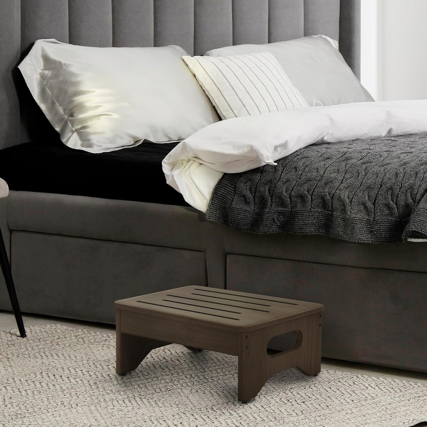 Wooden Step Stool for Adults & Kids, Non-Slip Rubber Feet, 6.5 Inch High, Lightweight Small Step, 400 Lbs Capacity, Bed Step Stool for High Bed, Bathroom & Kitchen, Walnut