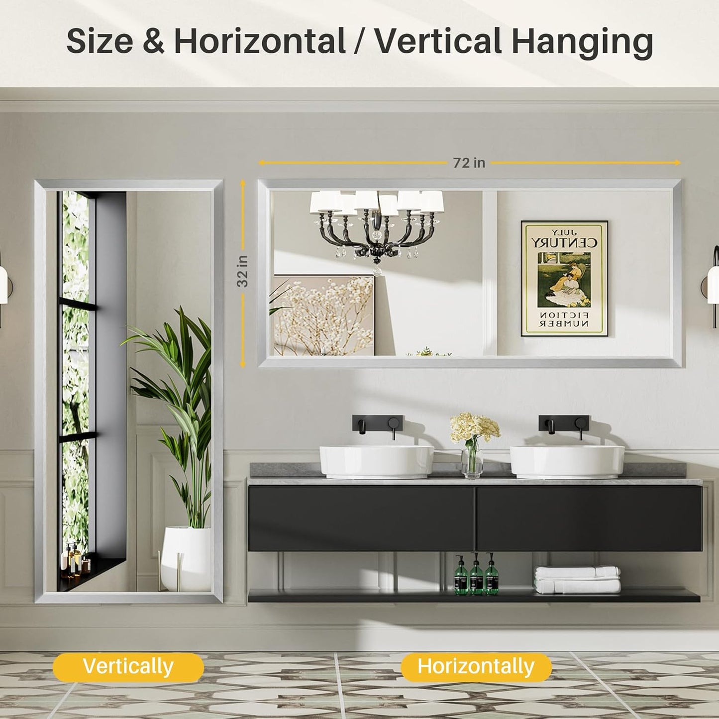 72x32 Inch Silver Bathroom Mirror for Wall, Thick Metal Framed Rectangle Mirrors for Over Sink, Bedroom, Living Room, Entryway, Anti-Rust, HD Tempered Glass