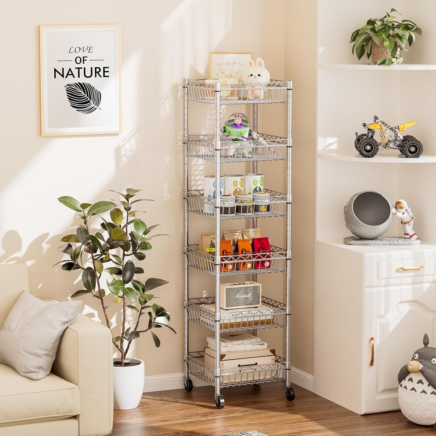 SINGAYE 6 Tier Shelf Adjustable Storage Shelves Rack Standing Units with Wheels Closet Wire Shelving Organizers Metal Pantry Kitchen Laundry Room 13.5" D x 13.5" W x 63" H Silver