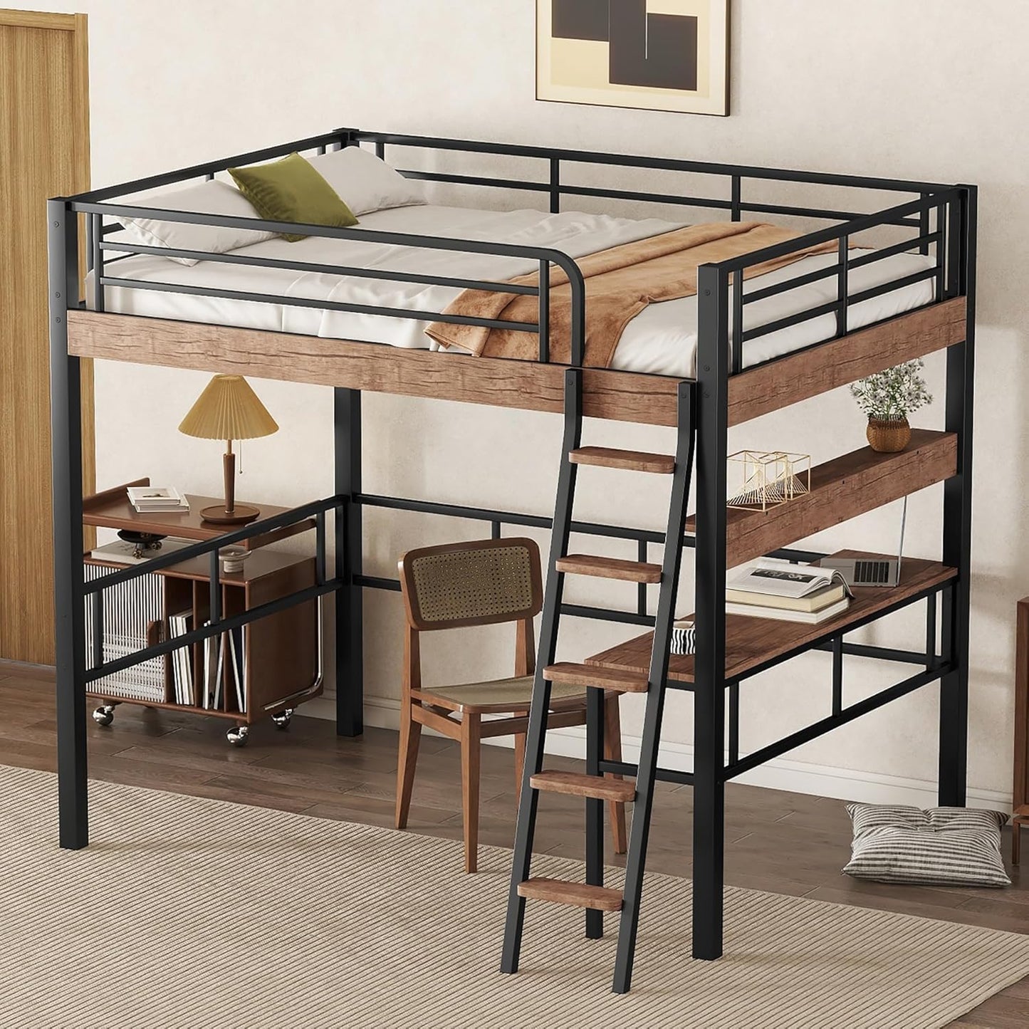 Metal Full Size Loft Bed with Built-in Desk,Storage Shelf and Ladder,Full-Length Guardrails and Secured Metal Slats, High LoftBed W/Large Storage Space for Kids Teens Adults Bedroom,Black