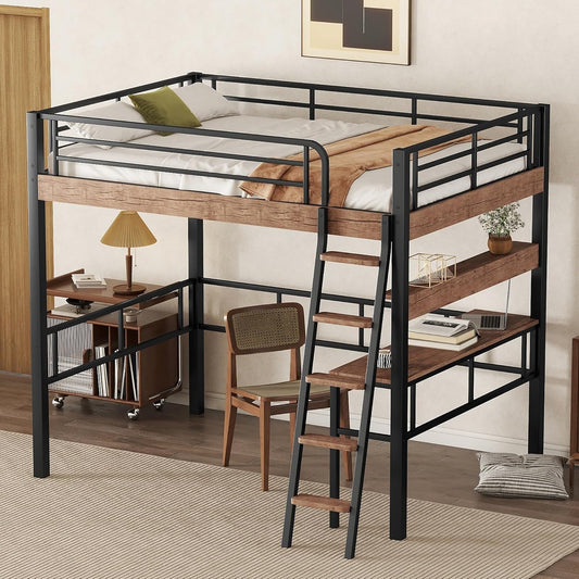 Metal Full Size Loft Bed with Built-in Desk,Storage Shelf and Ladder,Full-Length Guardrails and Secured Metal Slats, High LoftBed W/Large Storage Space for Kids Teens Adults Bedroom,Black