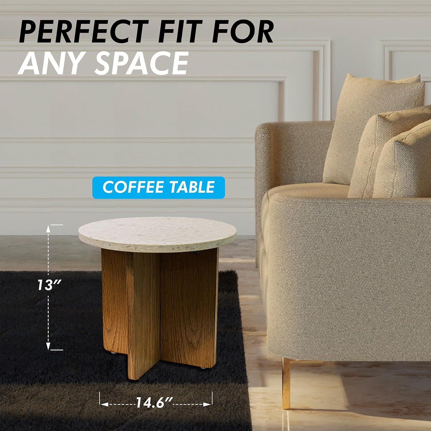 Melino Ocean-Plastic Round Side Table for Living Room, Bedroom, Nightstand with FSC Wood Base, Easy Assembly, Accent/Coffee Table (Plena Pearl, 14.6" D x 14.6" W x 13" H)