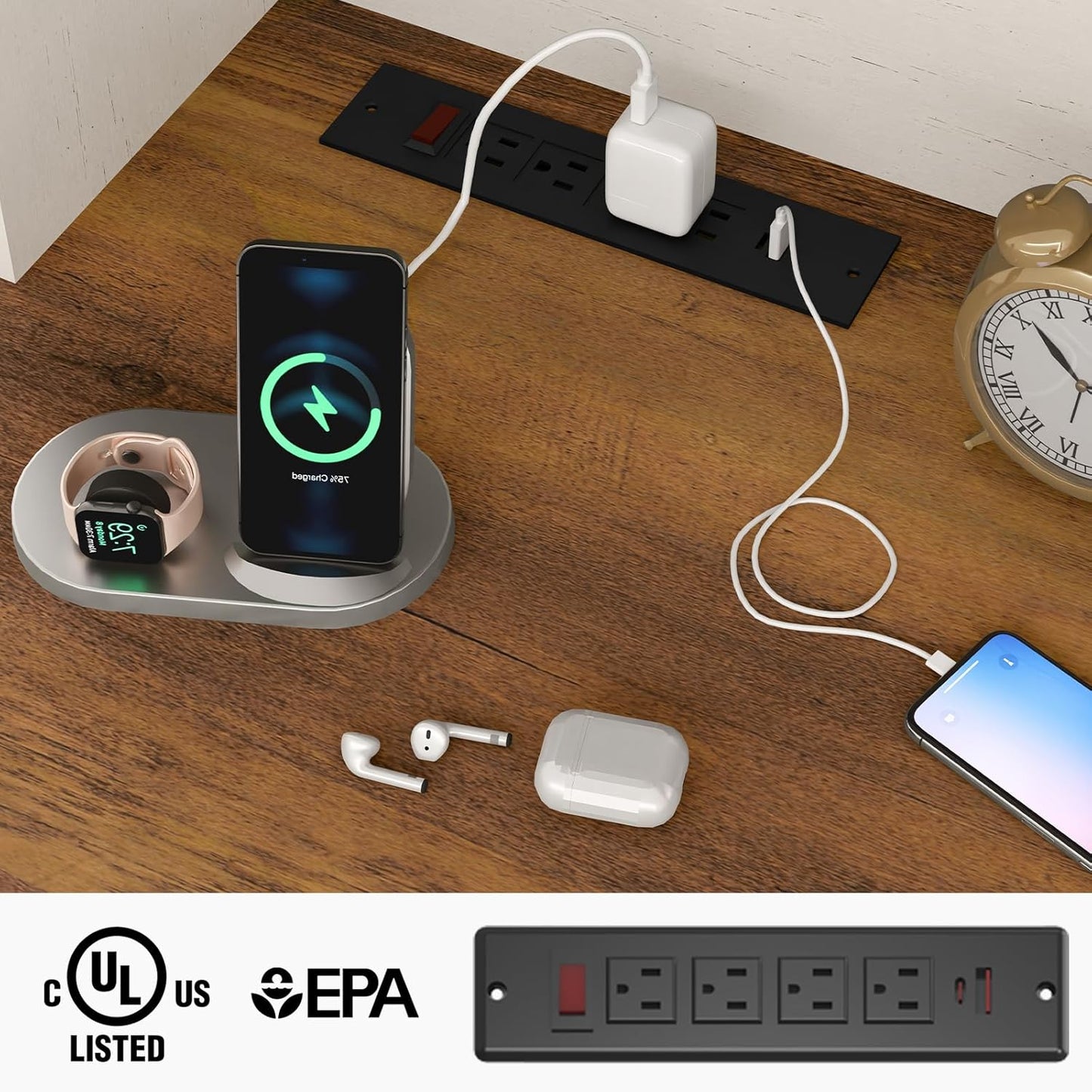 67''H Farmhouse Executive Desk with Hutch & 5 Drawers, Rustic Office Desks Computer Desks with Charging Station, File Drawers and Storage Cabinets, Wood Workspace for Home Office,Unique White.