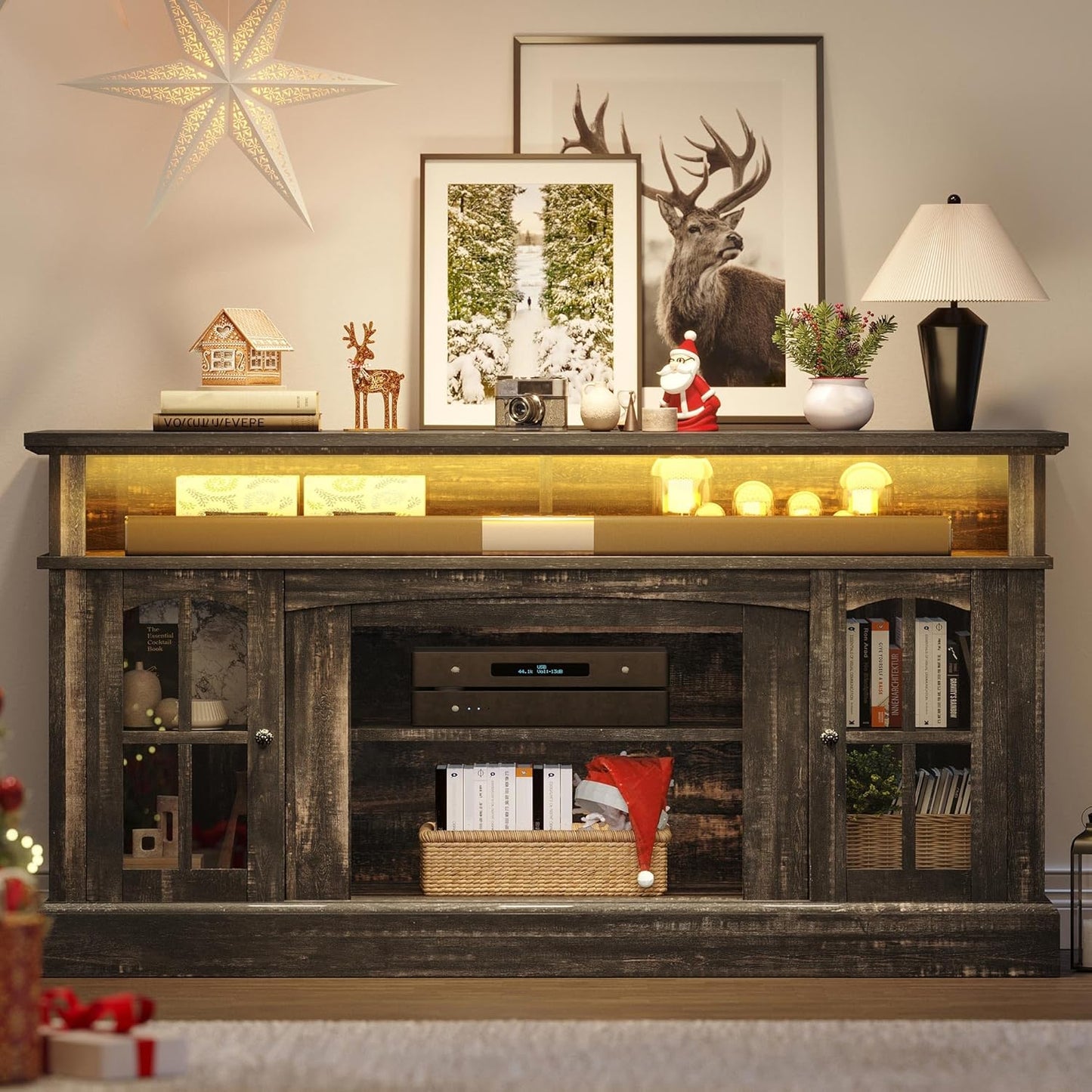 YITAHOME LED Farmhouse TV Stand for 65 Inch w/Outlets, Modern Entertainment Center with Glass Doors and Adjustable Storage Shelves, Media Console TV Cabinet for for Living Room, Dark Rustic Oak