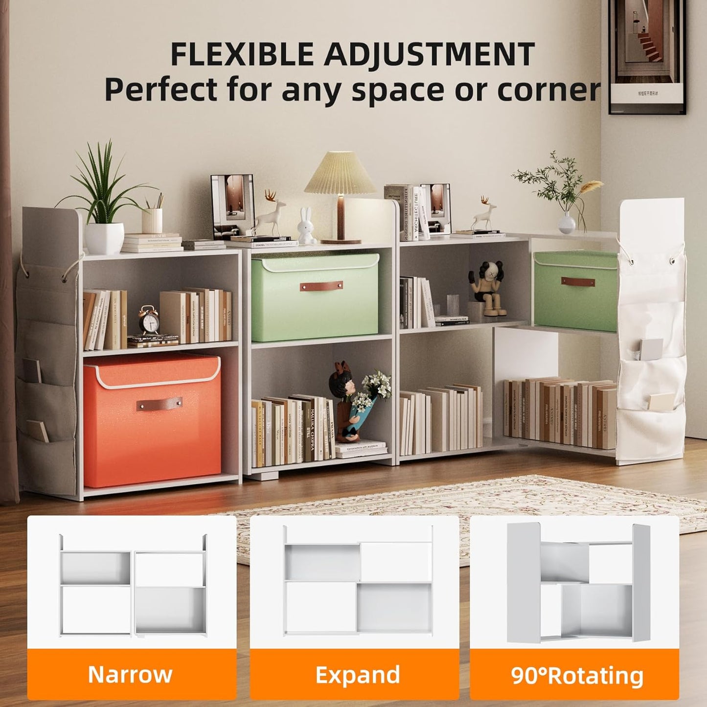 4 Cube Storage Organizer, 32inch Wooden Extendable Book Shelf DIY Bookcase with 2 pcs Storage Cabinet and Side Pockets, Open Storage Cabinet for Living Room, Bedroom, Home, Office