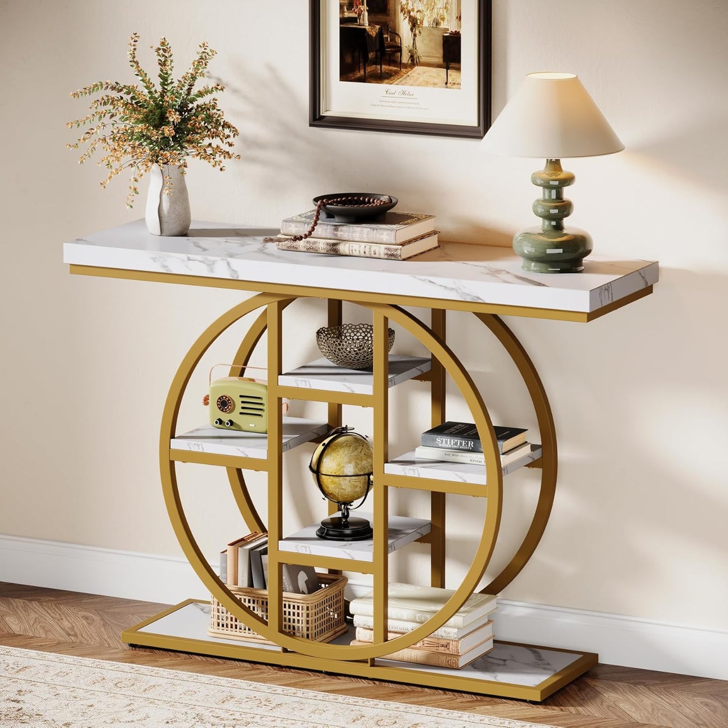 41" Console Table, 4-Tier Entryway Table with Circle Base, Industrial Narrow Wood Sofa Accent Tables with Storage Shelves for Living Room, Hallway, Foyer (White Gold)