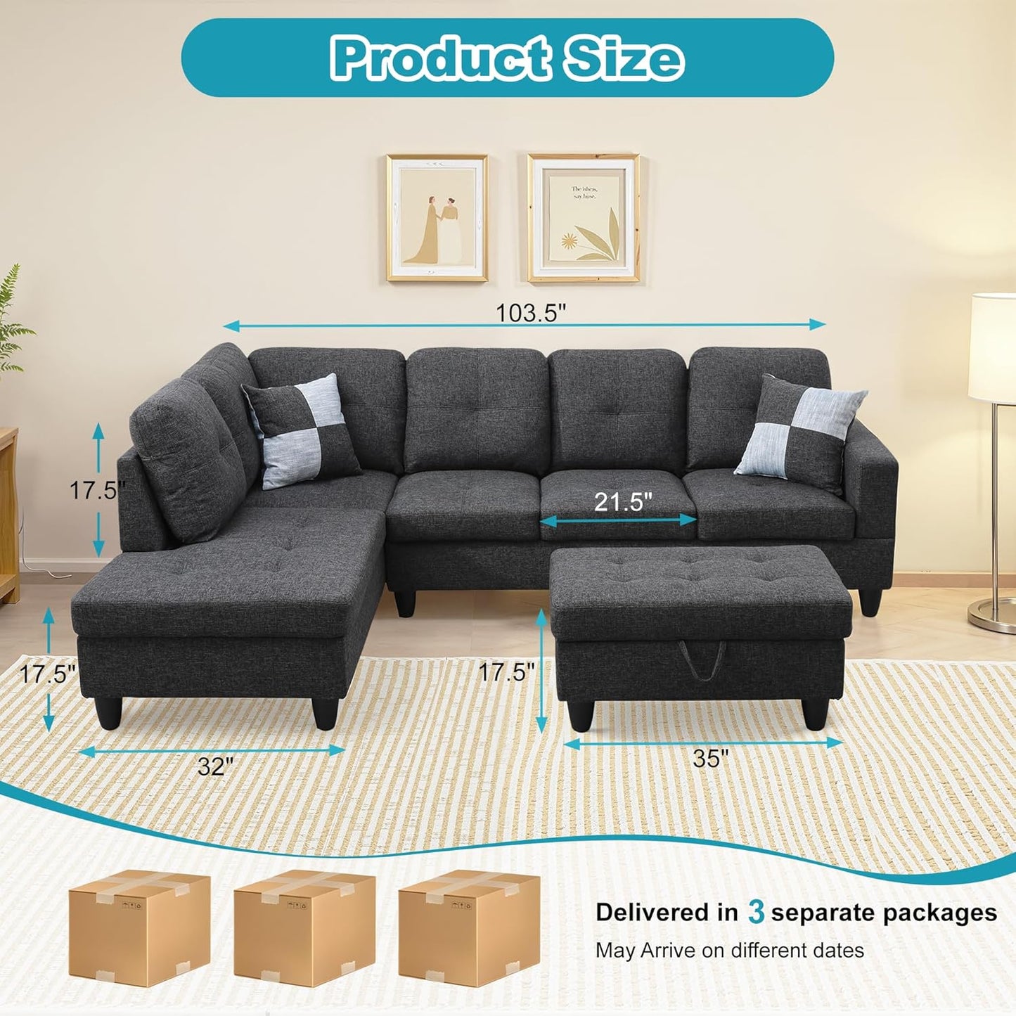 L Shaped Couch Modern Sectional Couch Upholstered Flannel Fabric 3 Pieces Sofas for Living Room with Chaise, Storage Ottoman for Office and Small Apartment, Black Grey