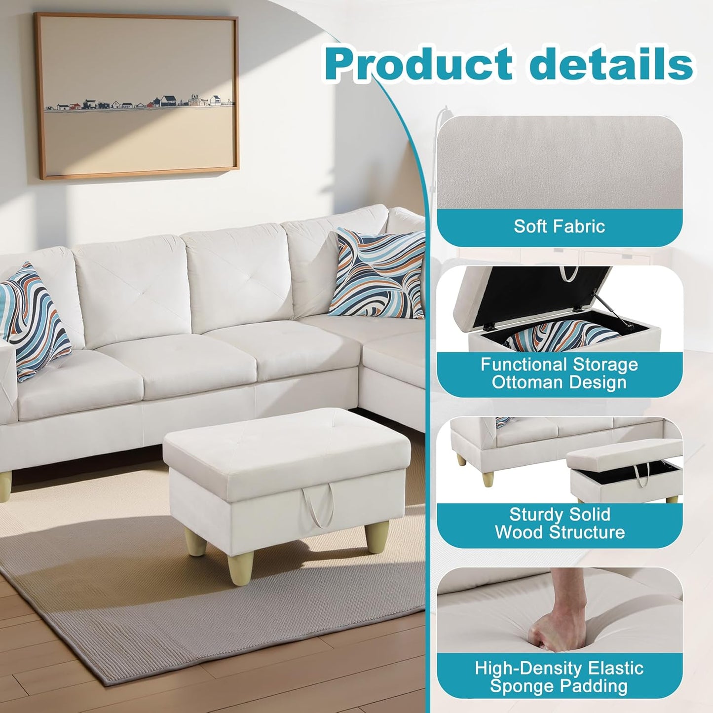 Couches for Living Room Modern L Shaped Couch Comfy Flannel Fabric 3 Pieces Sectional Sofa with Chaise, Ottoman with Storage for Office and Small Apartment, White
