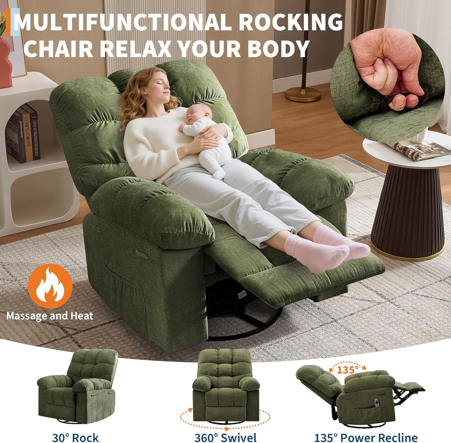 Rocking Recliner Chair with Vibration Massage & Heat, 360° Swivel Oversized Rocker Recliner with Side Pocket for Living Room, Bedroom & Nursery