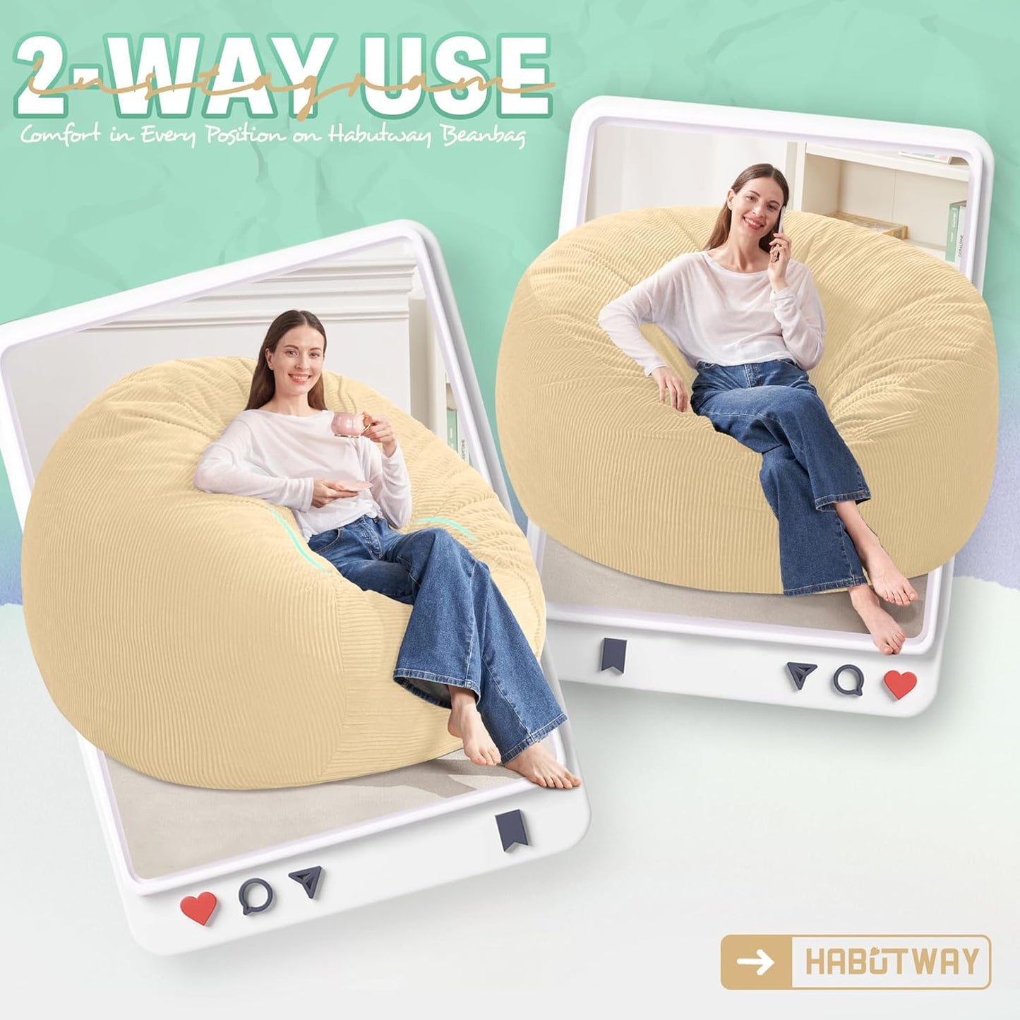 HABUTWAY 5FT Bean Bag Chair,Giant Bean Bag Chairs for Adults,Big Bean Bags with Memory Foam Filled, Large Beanbag Chairs with Soft Corduroy Cover-Khaki