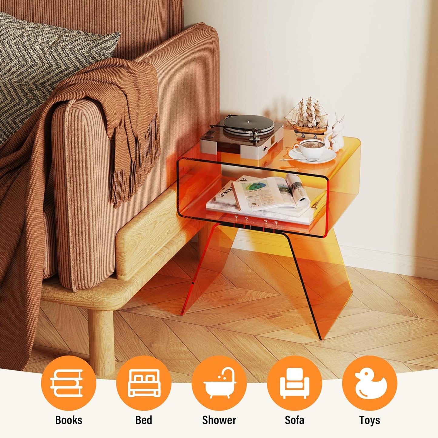Acrylic Side Table with Easy Assembly Mini Modern End Table/Nightstand for Bedroom, Living Room, or Bathroom Compact Design Orange