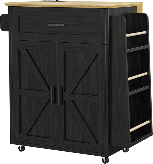 IRONCK Kitchen Island Cart with Storage, Rolling Kitchen Table with Power Outlet, Storage Cabinets on Wheels with Drop Leaf, Portable for Dining Room, Black