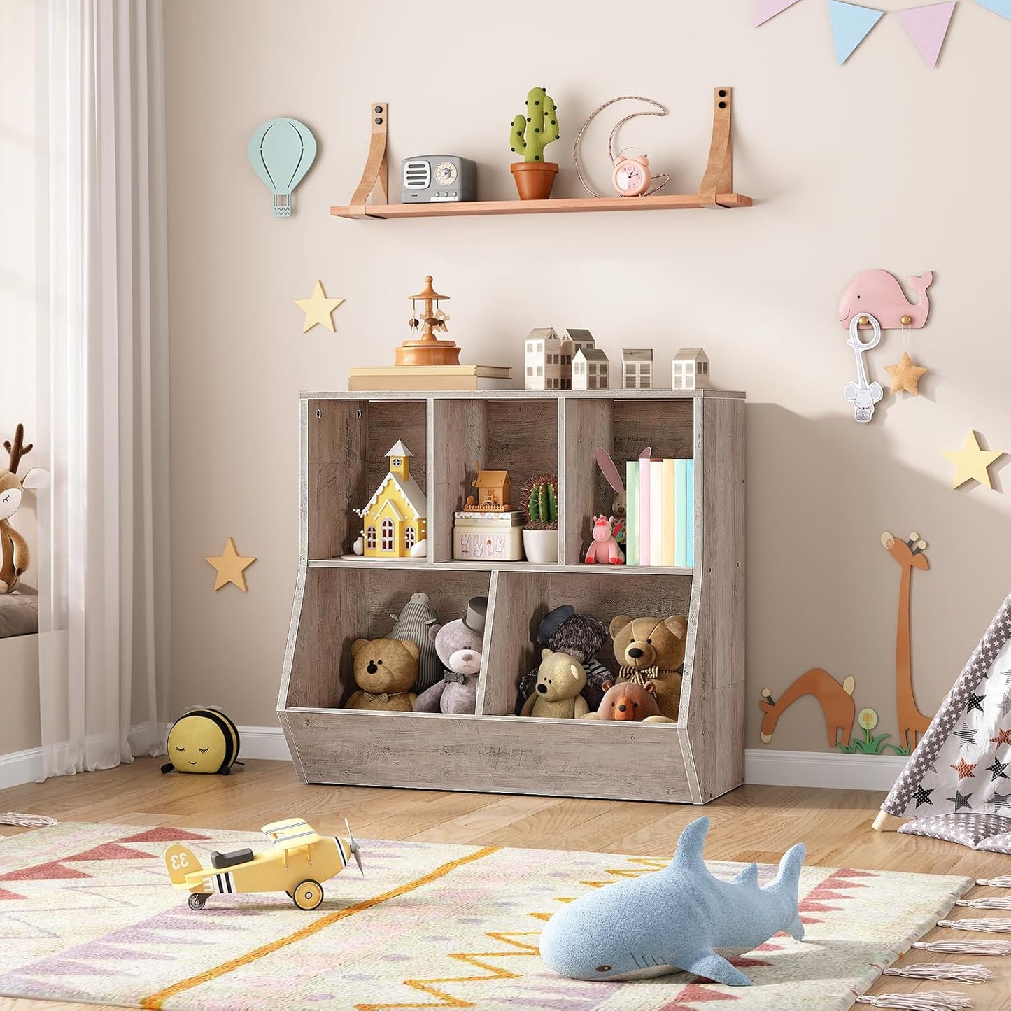 HOOBRO Kids Bookshelf, Bookcase Footboard, Toy Storage Cubby, Children's Toy Shelf, 35.4" L Toy Storage Cabinet, Fit for Children's Room, Playroom, Hallway, Kindergarten, Greige BG32CW01