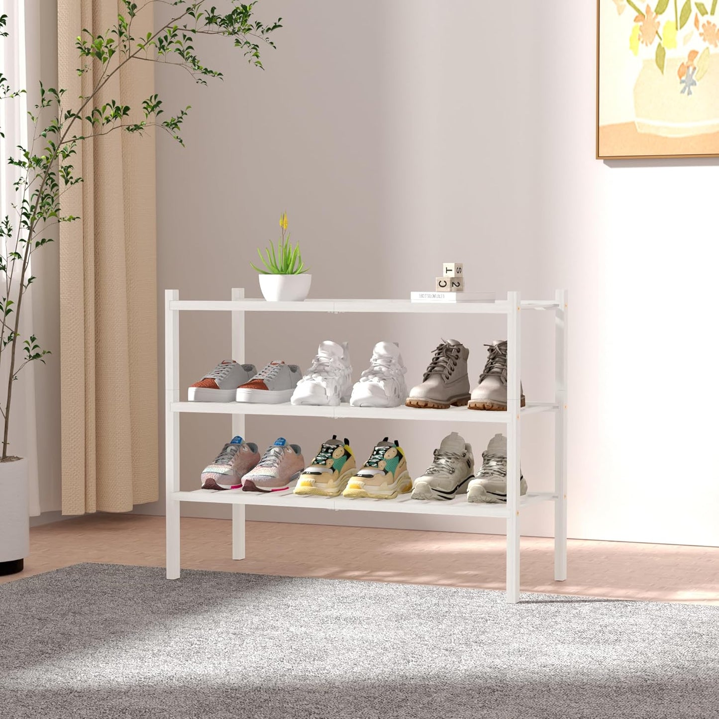 3 Tier Bamboo Shoe Rack for Closet Free Standing Wood Shoe Shelf Storage Organizer for Entryway Small Space Stackable 27"x11"x20" (White)