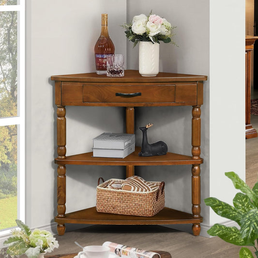 GDFStudio Trmxmbi 3 Tier Corner Console Table with 1 Storage Drawers and Shelves, 33.8'' Rustic Wood Triangle Sofa End Table for Small Spaces, Solid Wood Legs, Brown