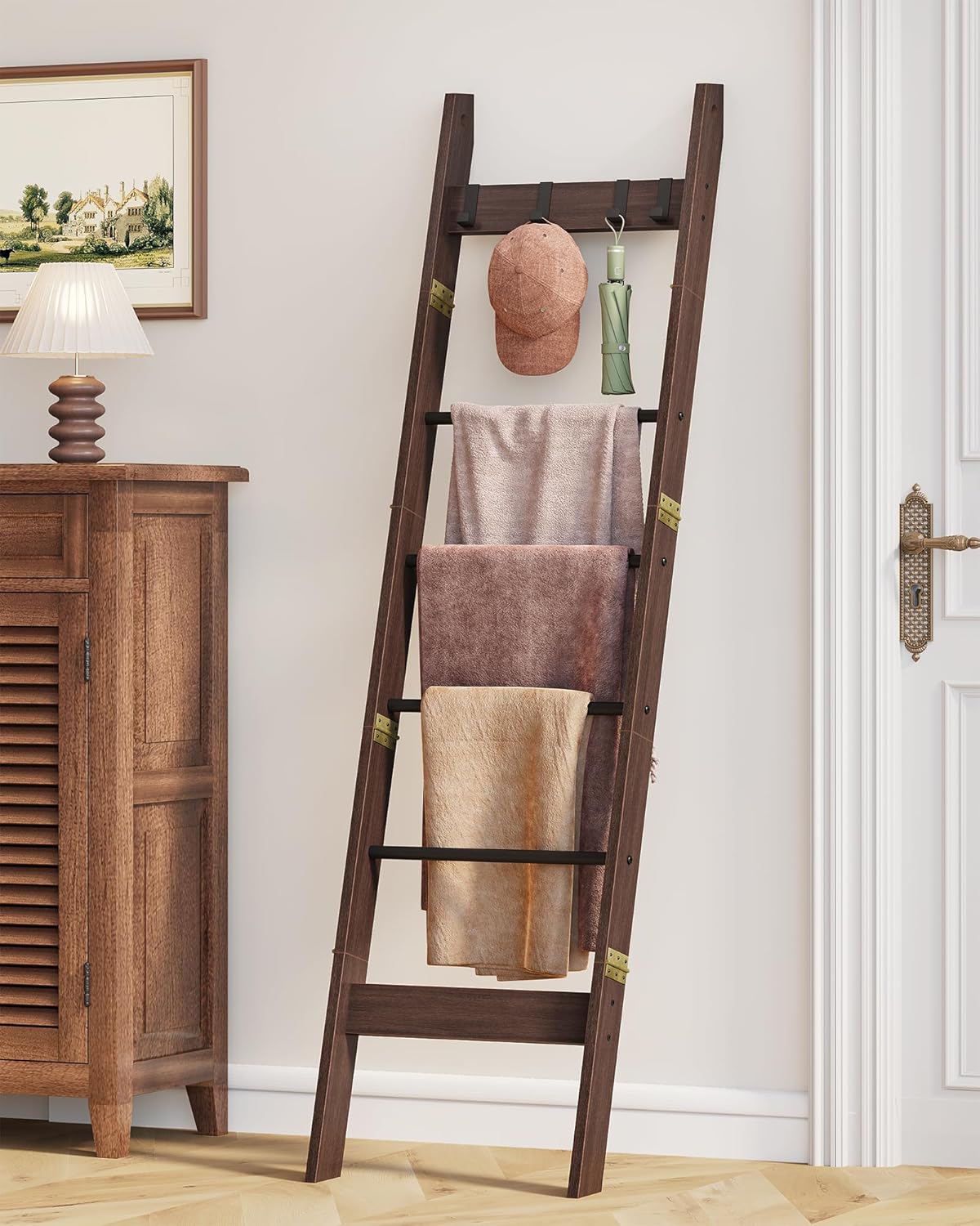 Blanket Ladder for Living Room, Decorative Quilt Rack with 4 Removable Hooks, 6-Tier Farmhouse Ladder Holder Shelf Organizer for Bedroom, Black Tea Brown and Black BR31520B