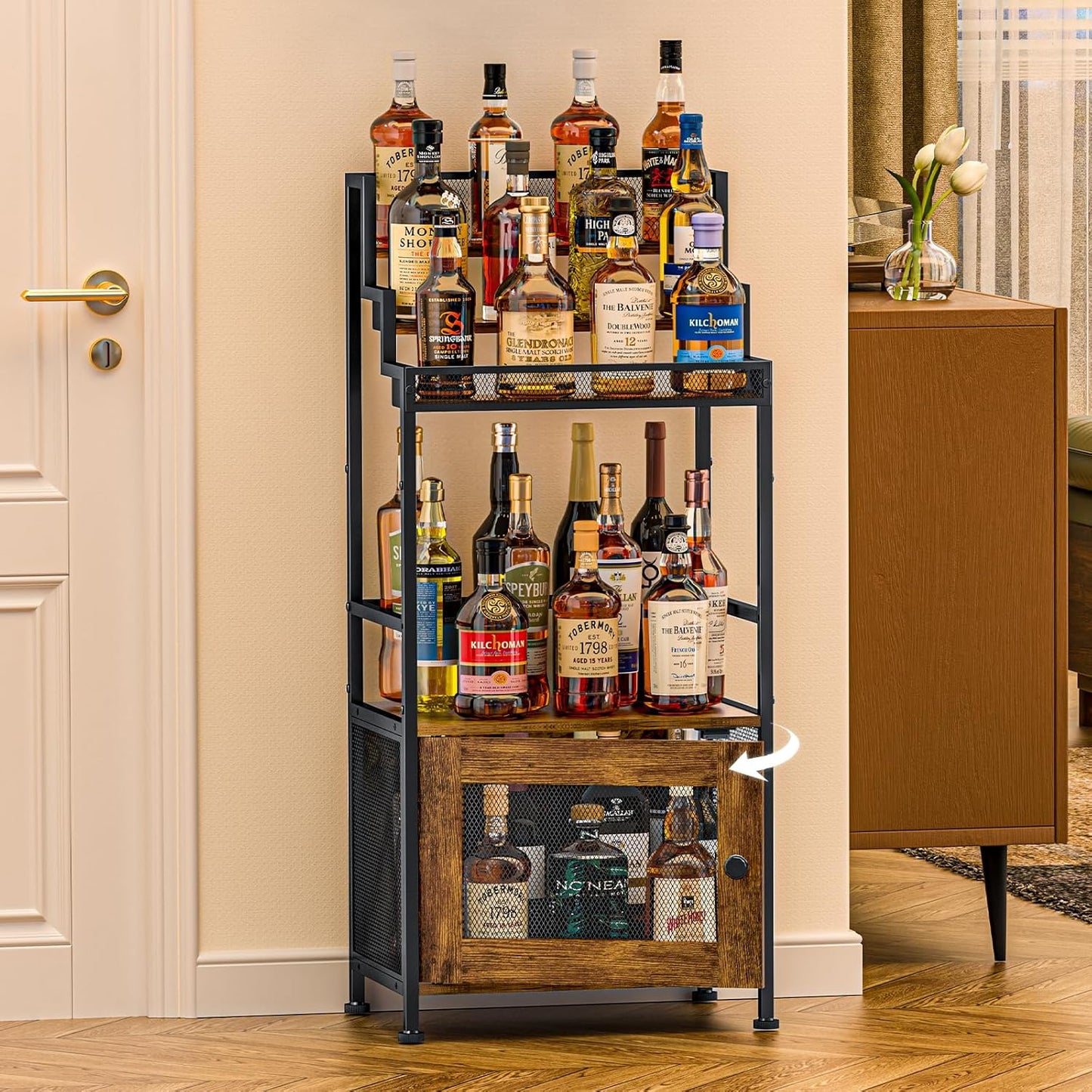 Tiered Liquor Stand with Bar Cabinet for Home, Large-Capacity Wine Rack Freestanding Floor, Stepped Display Shelf Featuring Mesh Door Holds Whiskey & Syrup Bottles, Corner Storage Ideal in living room