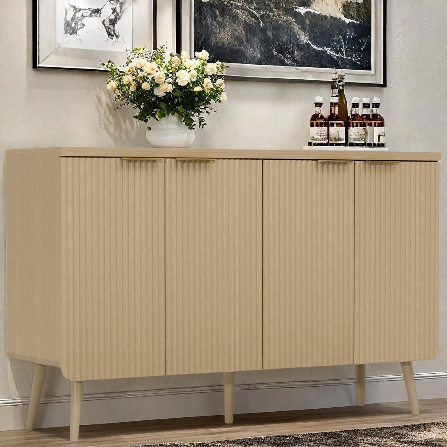 Buffet Cabinet, Sideboard Fluted Cabinet Modern Kitchen Buffet Storage Cabinets with Doors and Shelves, Wood Farmhouse Coffee Bar Station for Entryway & Dining Room & Living Room, Natual Oak