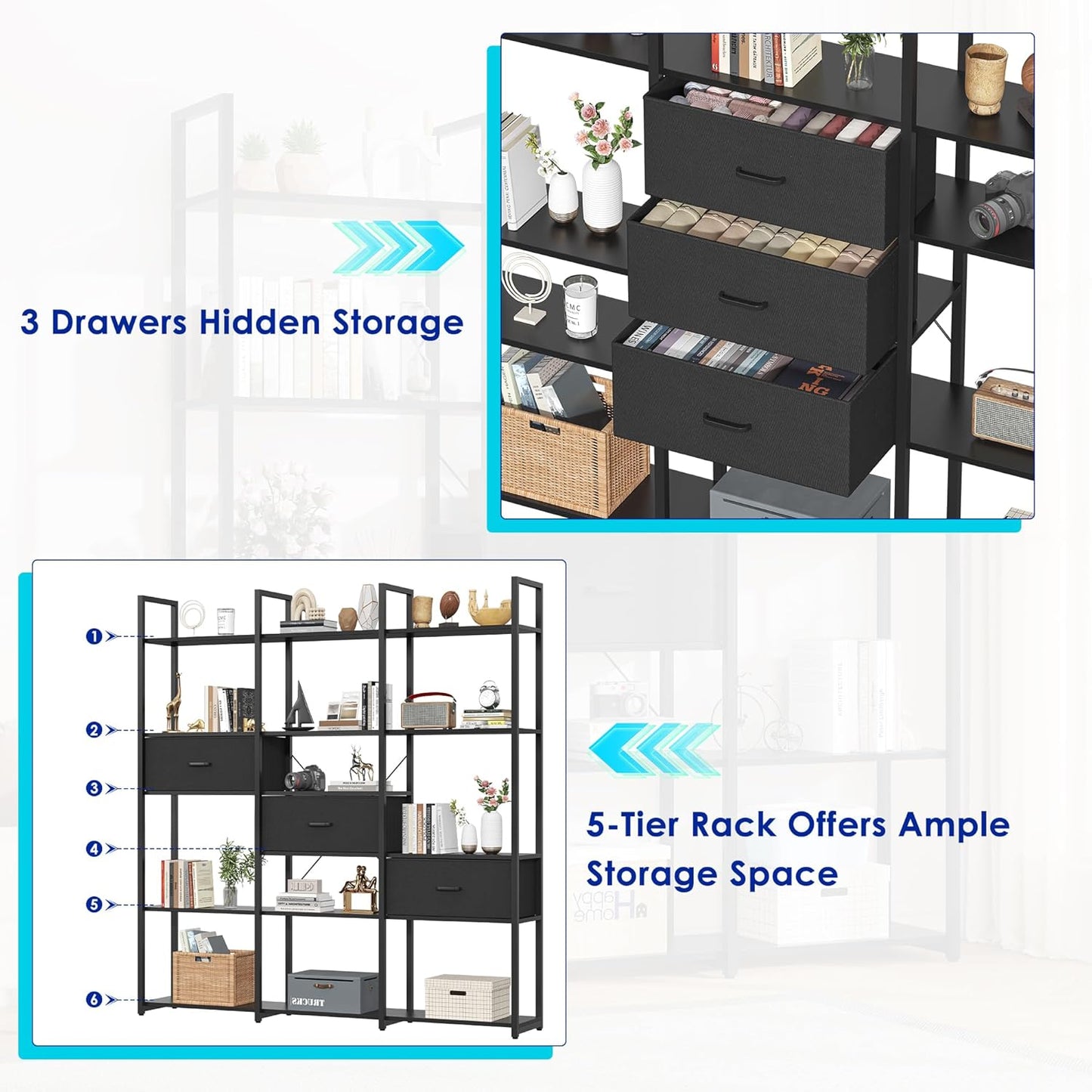 73.6" Tall Bookshelf with 3 Drawers and 16 Storage Shelves, Industrial Bookcase with 16 Open Display Shelves, Large Etagere Bookshelf, Triple Wide Book Shelf Book Case for Home & Office, Black
