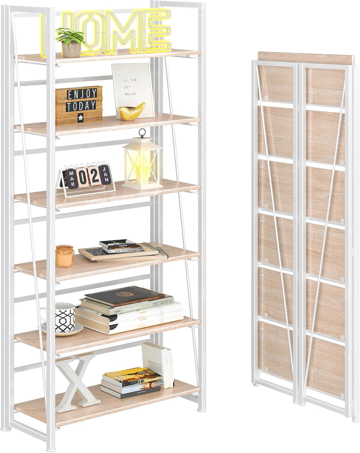 4NM No Assembly Folding Bookshelf, 6-Shelf 74" H Collapsible Foldable Bookcase Storage for Small Spaces, Natural White