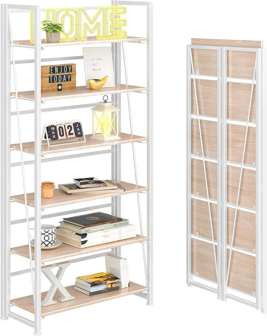 4NM No Assembly Folding Bookshelf, 6-Shelf 74" H Collapsible Foldable Bookcase Storage for Small Spaces, Natural White
