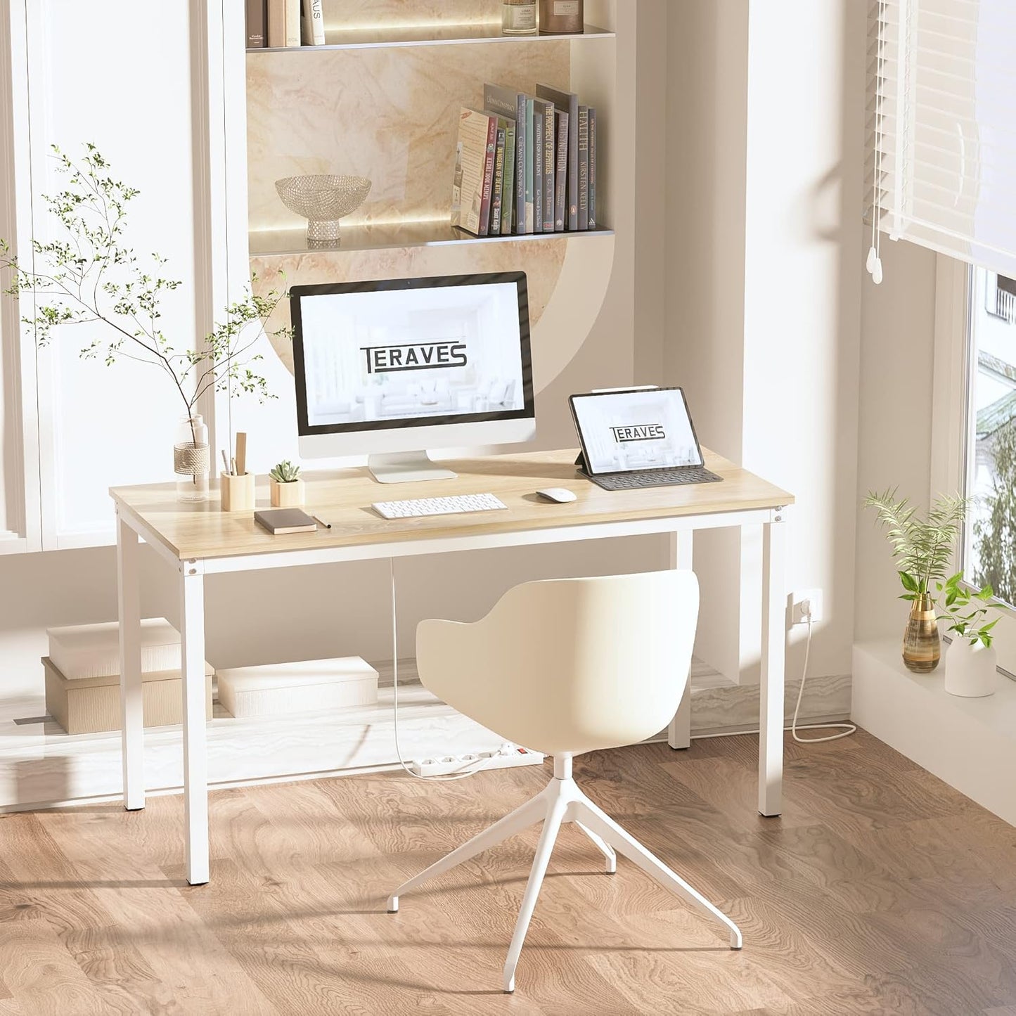 Teraves Computer Desk/Dining Table Office Desk Sturdy Writing Workstation for Home Office (47.24”, Beige + White Frame)
