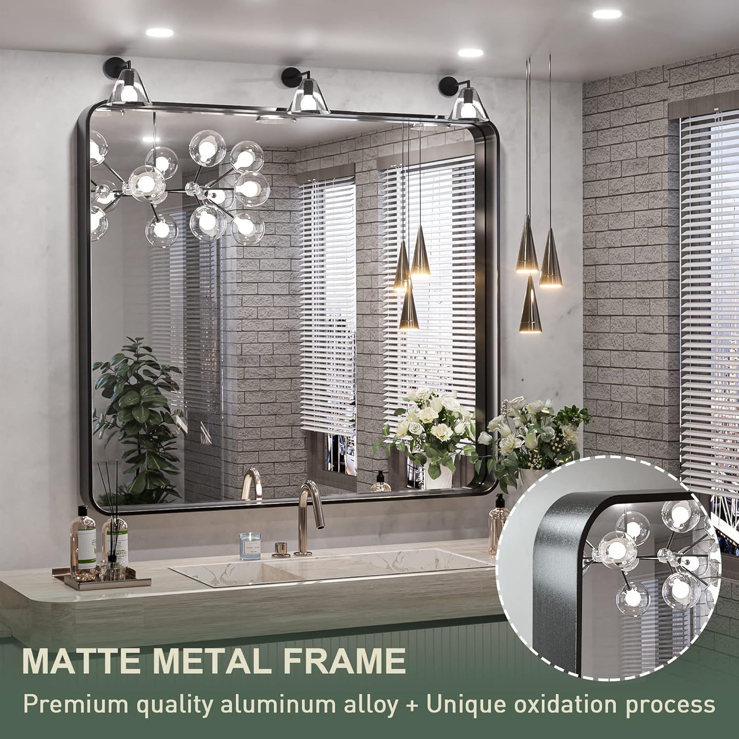 TokeShimi 36 x 36 Inch Wall Mirror Black Bathroom Vanity Mirror with Metal Frame Aluminum Alloy Soft Rounded Corner for Modern Farmhouse Wall Decor 1”Deep Set Design (Horizontal/Vertical)