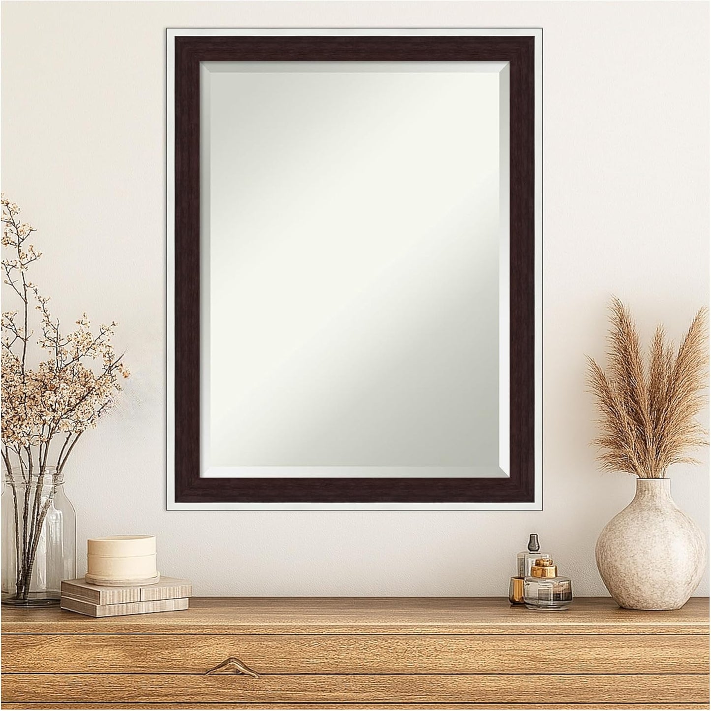 Amanti Art Wall Mirror 27x21 Maya Espresso Silver Rectangle Bathroom Mirror for Wall Decor Living Room, Medium Modern Contemporary Frame, Hangs Horizonally and Vertically, Bathroom Decor, Beveled Edge