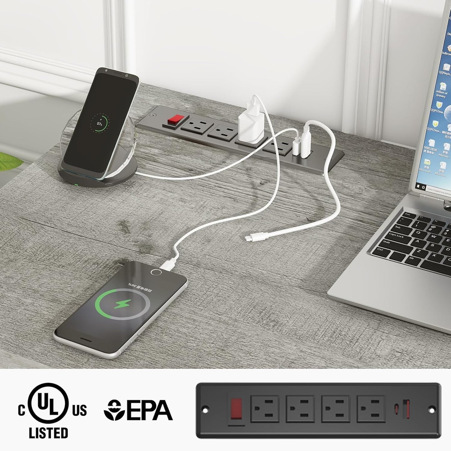 Farmhouse 61'' Executive Desk with 5 Drawers, Rustic Office Desk Computer Desk with Charging Station, File Drawers and Storage Cabinet, Wood Workstation for Study and Home Office,(Grey)