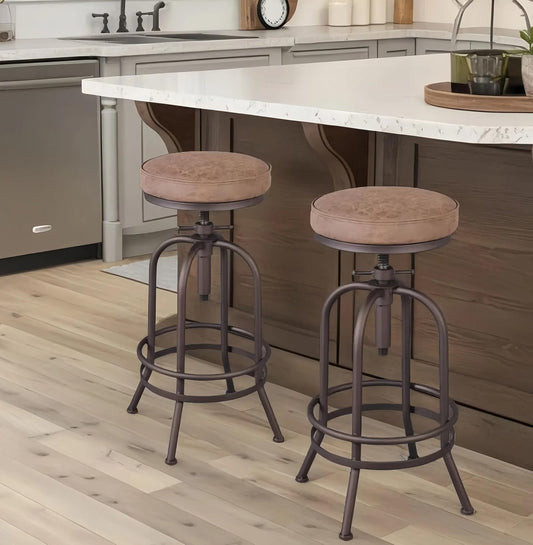 Diwhy Industrial Bar Stool-26-32 Inch Adjustable Swivel Metal PU Leather Seat Stool Bar Height Bar Stool with Footrest-for Kitchen, Dining Side Chair, Pub, Bistro, Set of 2, Copper