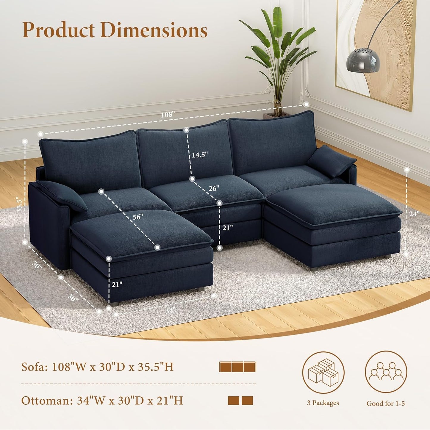Vesgantti 108" U Shaped Sectional Couch, Comfy Cloud Modular Sectional Sofa with 2 Ottoman Deep Seat Chenille Modern Cloud Sofa, Modular Sofas for Living Room, Bedroom and Apartment, Blue