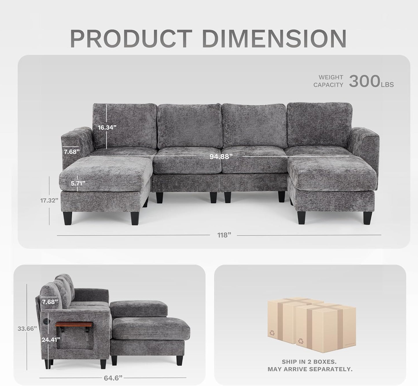 COLAMY 118" U-Shaped Sectional Couch, 4-Seat Modular Sofa with 2 Ottomans and Foldable Side Table, Grey for Living Room