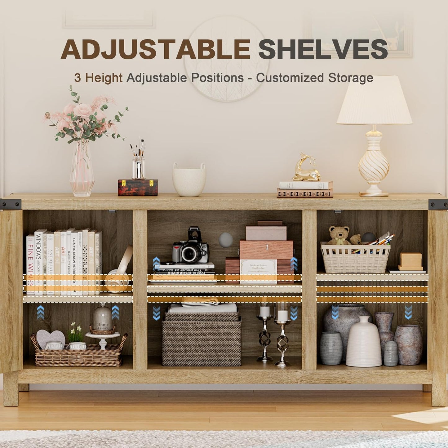 YESHOMY Farmhouse Buffet & Sideboard, 58" Kitchen Storage Cabinet with Adjustable Shelves & Doors, Wood Coffee Bar for Living Room, Entryway, Yellow