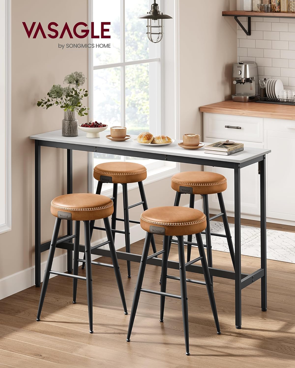 VASAGLE Bar Table, Narrow Long Kitchen Dining Table, Sturdy Metal Frame, Industrial, 15.7 x 55.1 x 35.4 Inches, Rustic White and Ink Black ULBT140B73