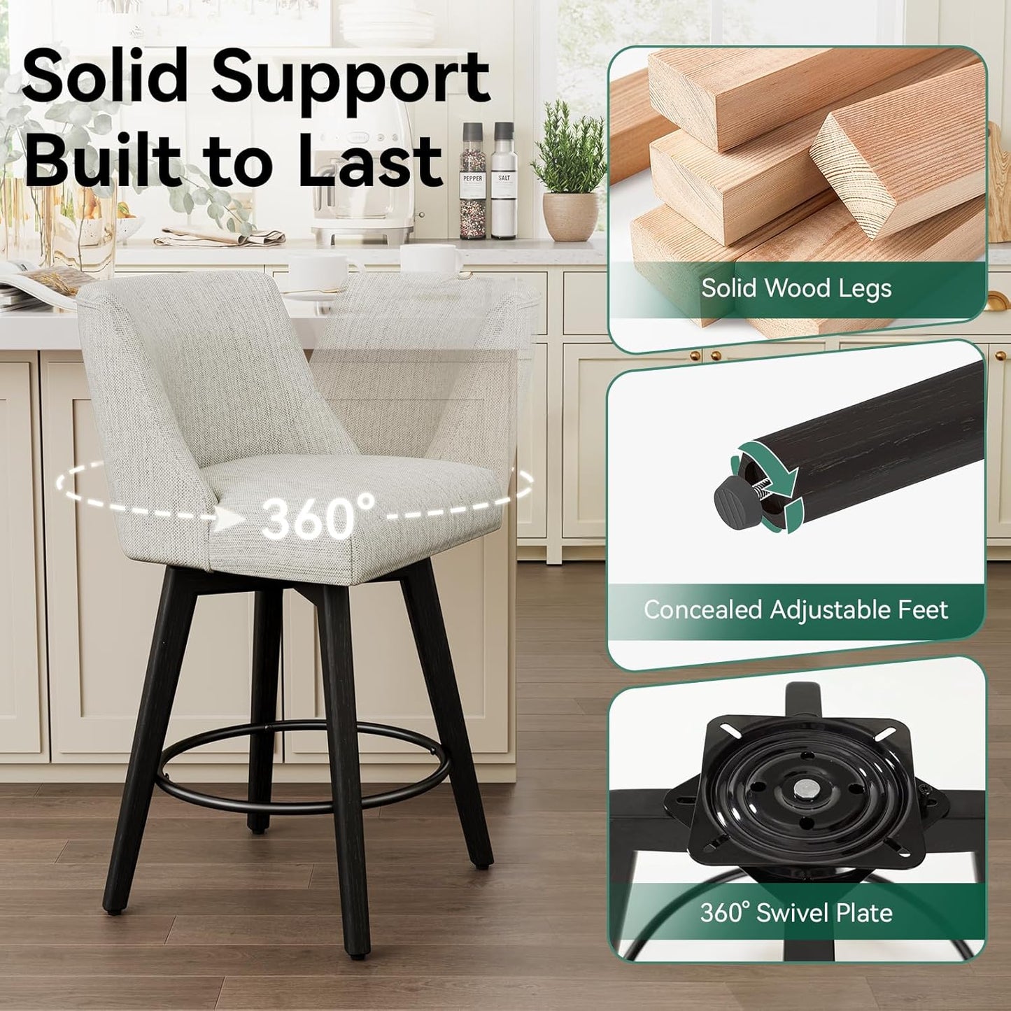 Vipbear Swivel Counter Height Bar Stools Set of 3,26.8" H Counter Stools with Back, Mid Century Modern Bar Stools for Kitchen Island,Linen Fabric,Wooden Base, White