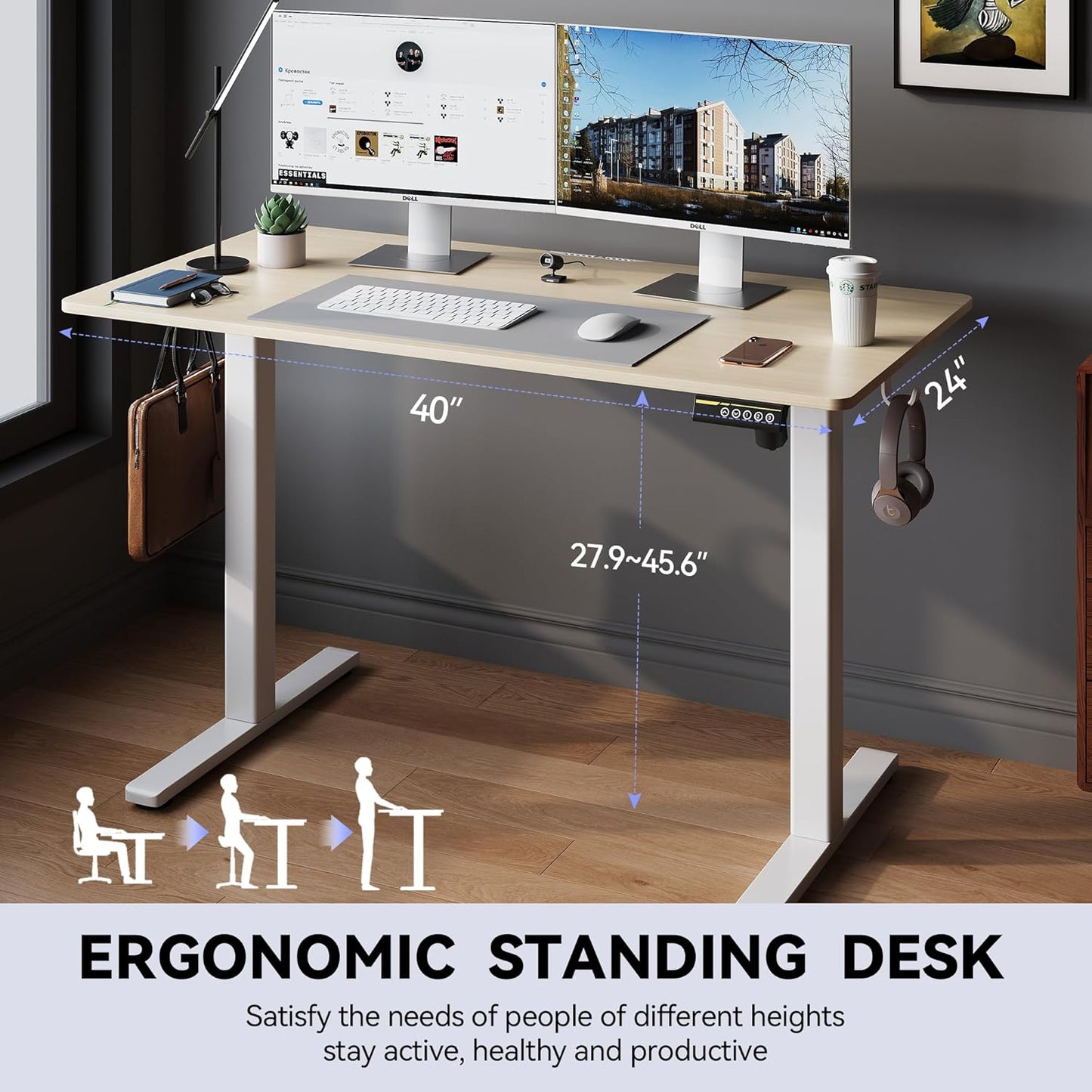 Electric Standing Desk Adjustable Height 40"x24" Stand Up Desk with Lockable Wheels Ergonomic Sit Stand Desk for for Work Office Home Computer Workstation (Nature)