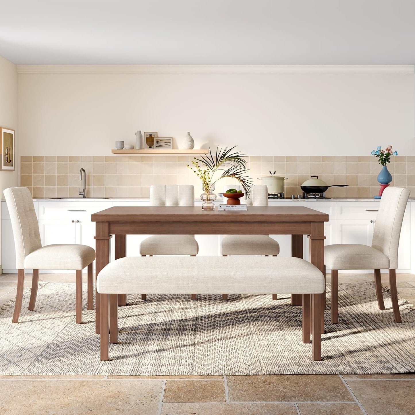 Ball & Cast Dining Table Set for 6 W/Bench & 4 Upholstered Chairs,6 Piece Dining Set W/ 60" Rectangle Kitchen Table & Anti-Scratch Pads,Table and Chairs Set for Living Room,Dining Room,Walnut