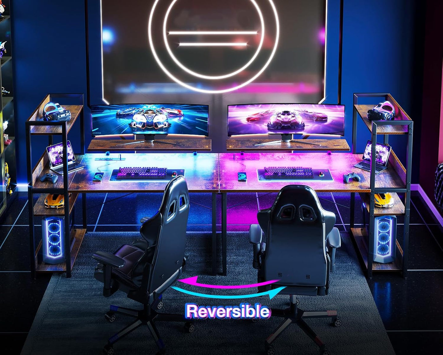 ODK Reversible Gaming Desk with USB Charging Port and LED Lights, 40 Inch Computer Desk with Storage Shelves & Monitor Stand, Writing Study Table for Home Office, Small Space Bedroom, Rustic Brown