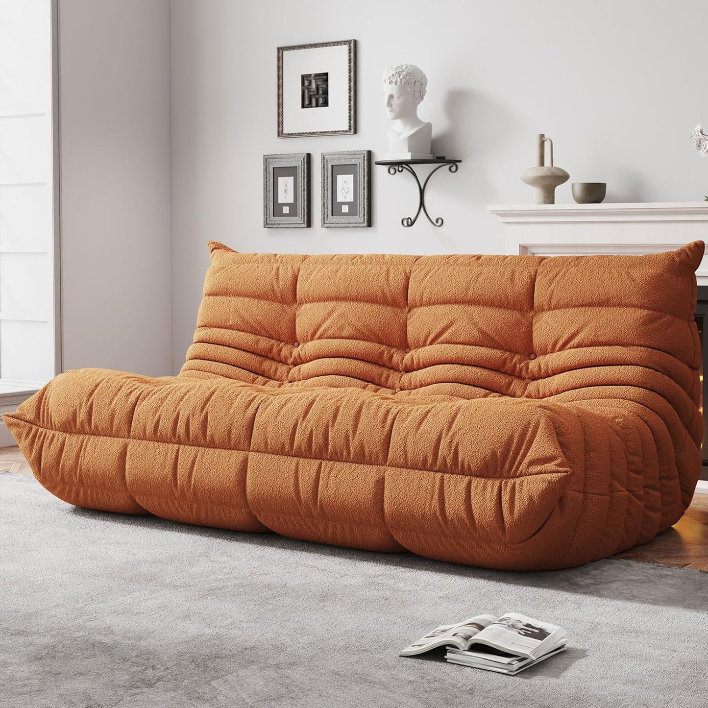 Bean Bag Chairs for Adults, BeanBag Reading Chair Memory Foam Couch 3-Seater, Floor Chair Soft Teddy Material, Comfy Reading Nook Chairs for Bedroom Living Room Office (Orange)