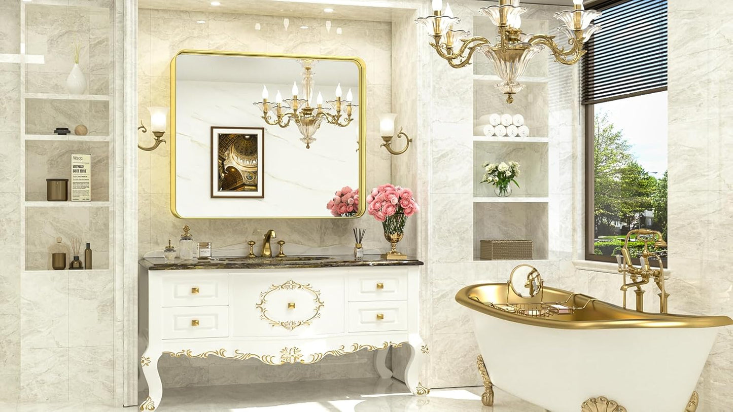 TokeShimi Gold Bathroom Mirror for Wall 42x36 Inch Rounded Corner Rectangle in Aluminum Alloy Brass Metal Frame Deep Set Design Hangs Horizontal Or Vertical Farmhouse