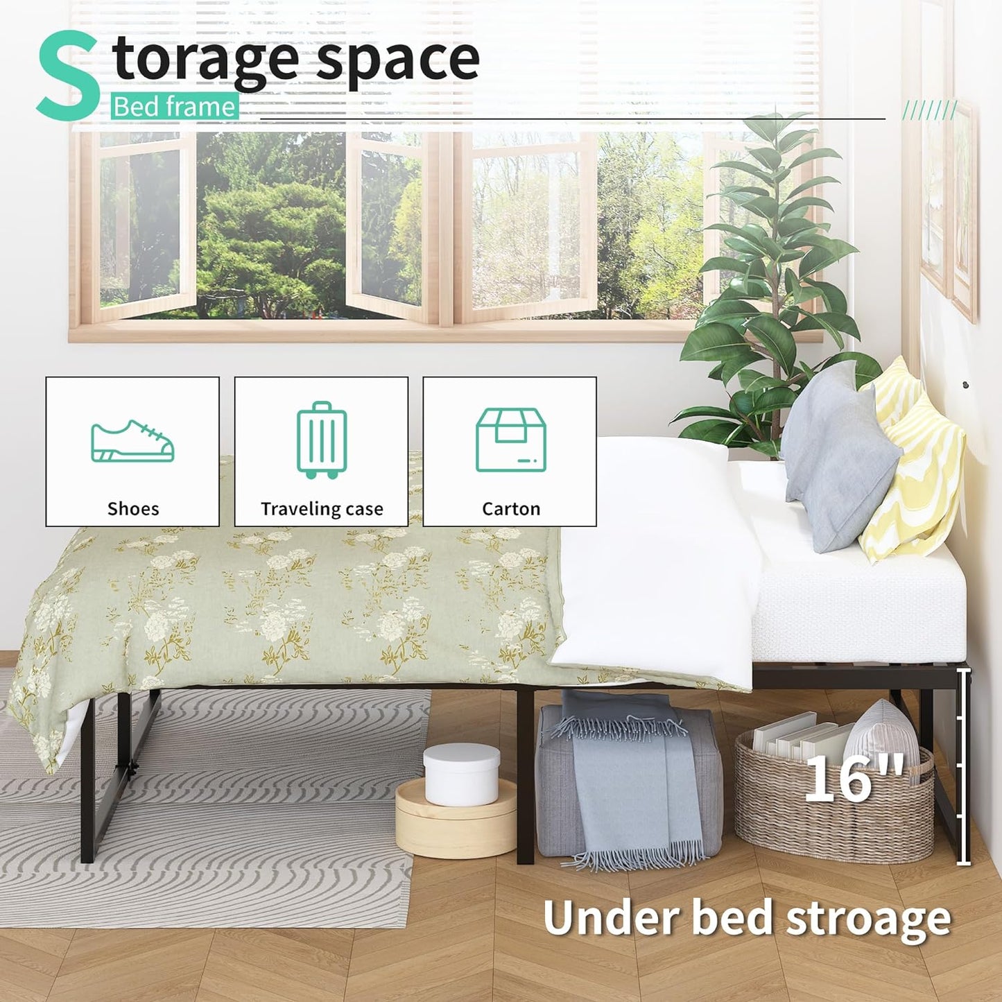 18 Inch Queen Bed Frame Heavy Duty Steel Slat Support Metal Queen Size Platform Bed Frame No Box Spring Needed, Easy Assembly, Black