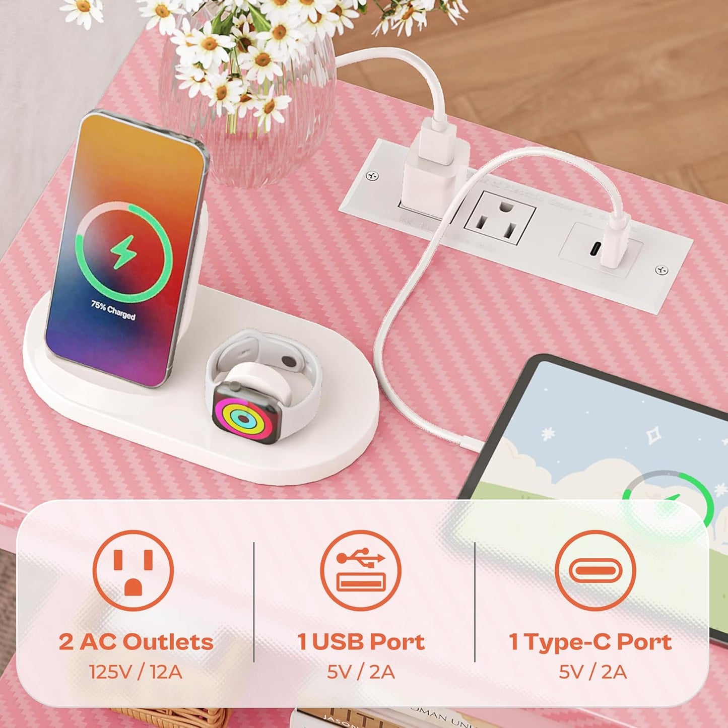 SUPERJARE Nightstand with Charging Station, Bed Side Table with Adjustable Fabric Drawer, Night Stand for Bedroom, 3-Tier Storage End Table, for Living Room, Pink