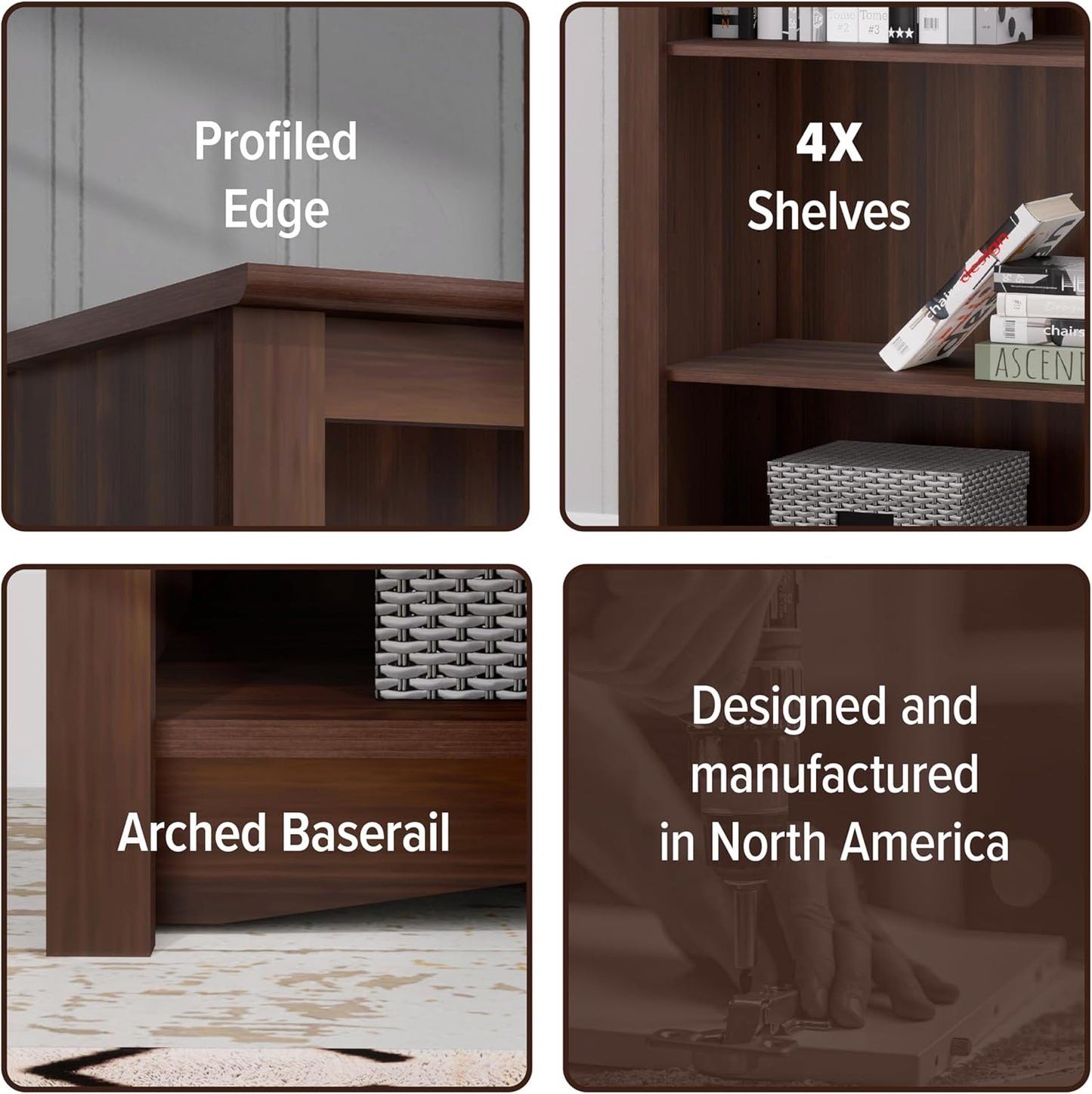 Prepac Sonoma 4-Tier Bookcase 48"H with 3 Adjustable Shelves, Espresso Storage Cabinet, Modern Display Cabinet, Bookshelf with Storage Shelves for Home Office, Living Room, Bedroom Organizer