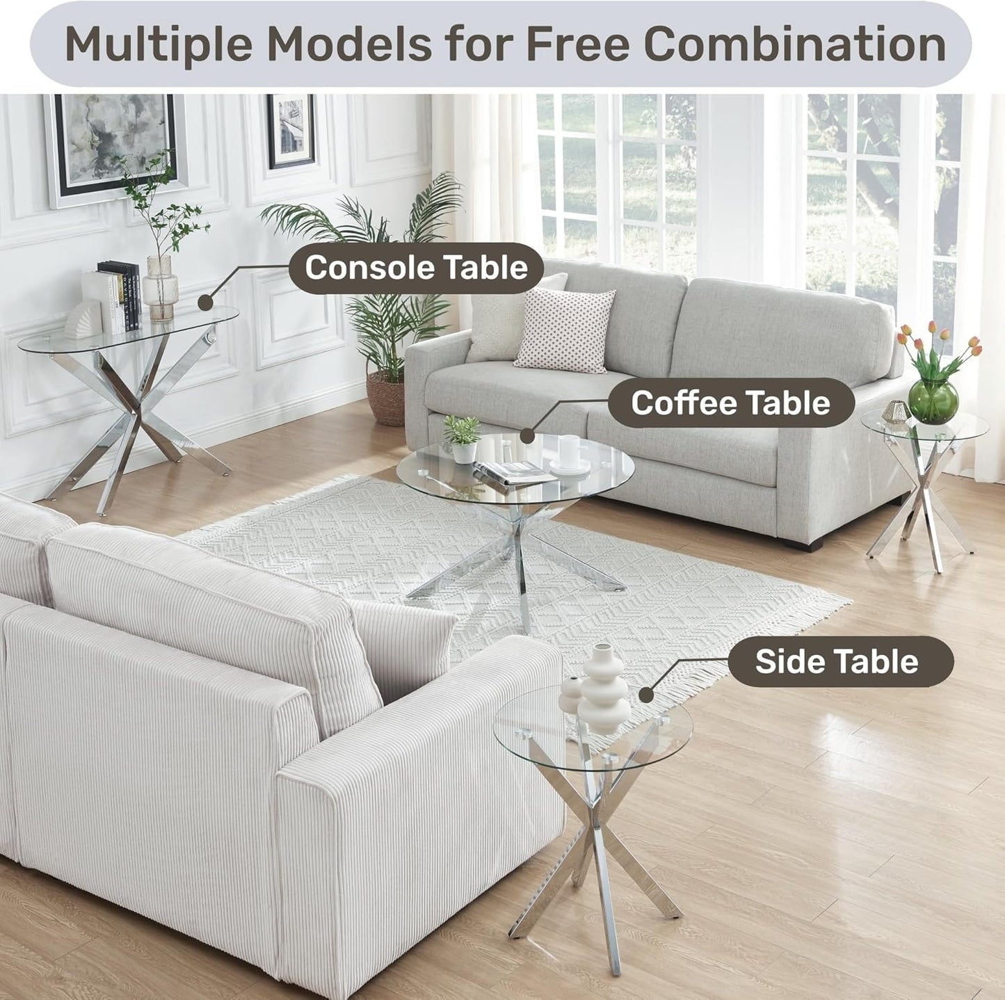 Round Glass Coffee Tables for Living Room, Home Office, Modern & Simple Center Table with Clear Tempered Glass Top, 35.5" Wx19.7 H Silver