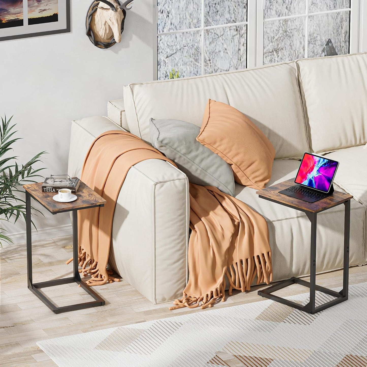 C-Shaped Side Table, C-Table for Sofa, Couch Table with Metal Frame, Large Surface Sofa Table for Living Room（Brown）