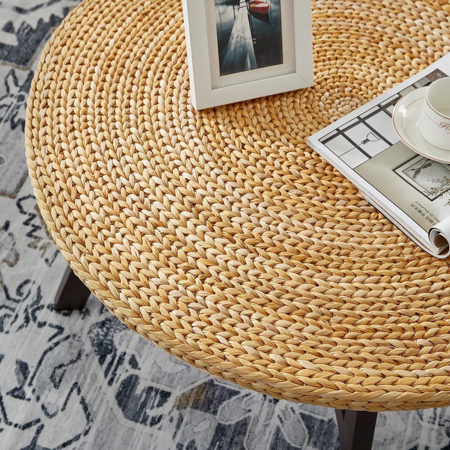 RANDEFURN Coffee Table Round, Seagrass Coffee Tables,Pine Wood X Base Frame Cocktail Table, Easy Assembled, Multiple Sizes for Living Room, Solid Wood Table,32 x 17 Inches,Natural