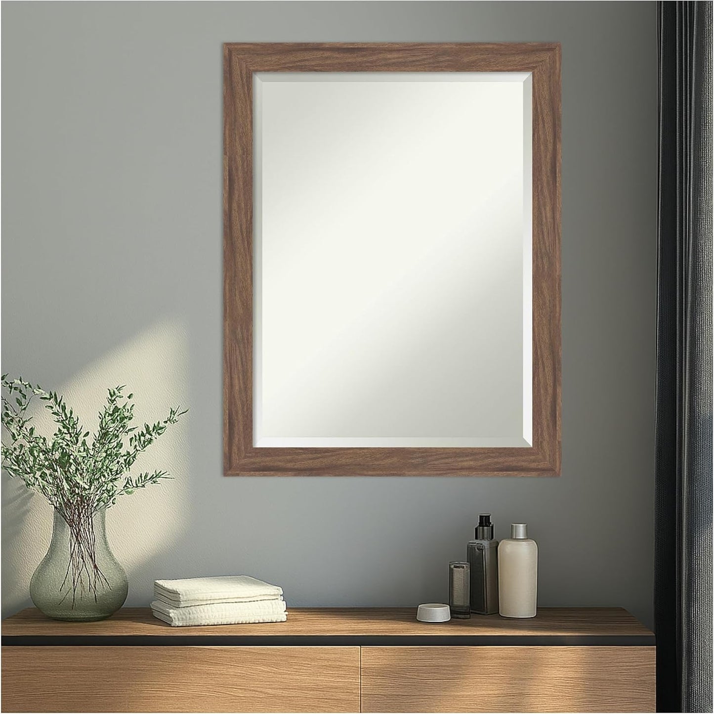 Amanti Art Brown Wall Mirror 27x21 Pia Medium Brown Narrow Rectangle Bathroom Mirror for Wall Decor Living Room, Medium Casual Frame, Hangs Horizonally and Vertically, Bathroom Decor, Beveled Edge