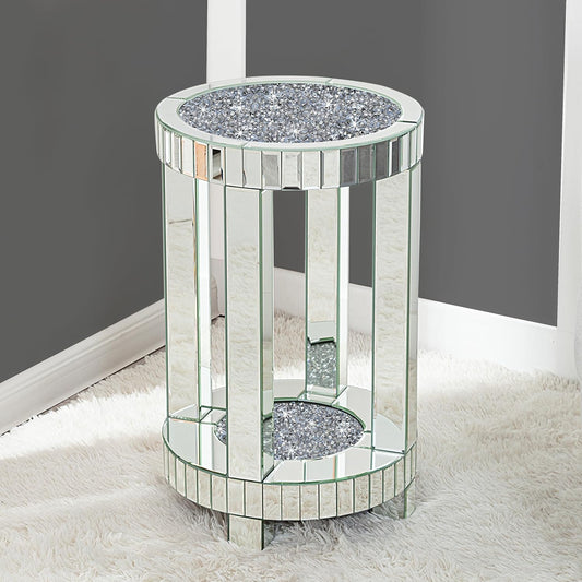 SHYFOY Mirrored End Table Round with Crystals Inlay, 2-Tier Modern Small Sofa Table with Storage, Silver Accent Table for Living Room, Bedroom, Coffee, and Small Spaces